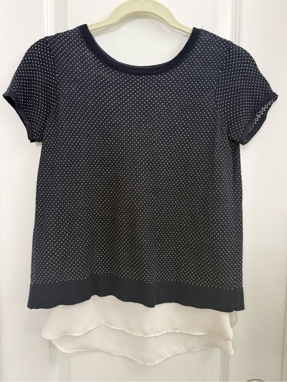 Ann Taylor Navy Dot Knit Layered Hem Top